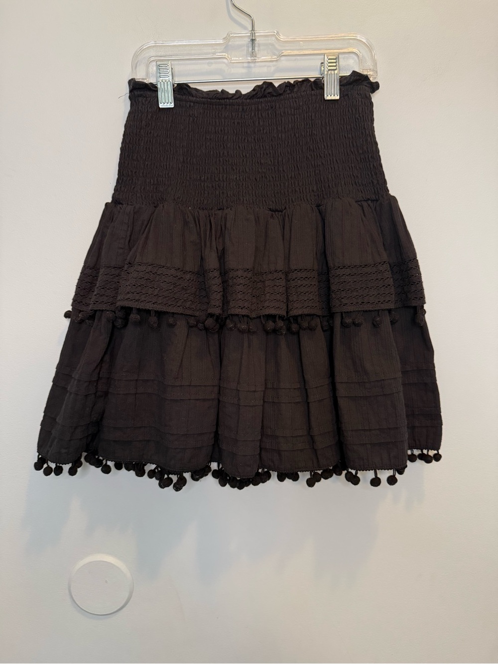 House of Harlow 1960 Black Tiered Smocked Pom Pom Mini Skirt XS 100% Cotton